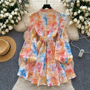 European and American court style bubble sleeve dress women's summer mesh hollow hook flower design temperament long skirt