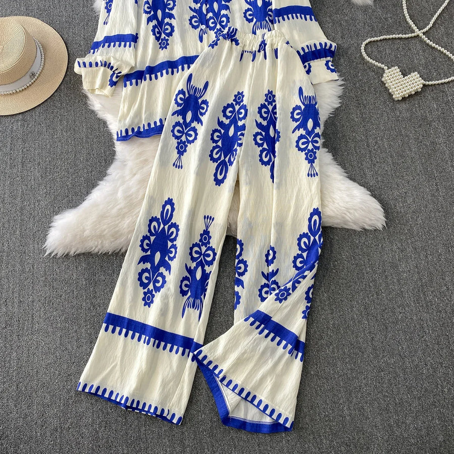 Women Two Piece Skirt Sets Shirt Muslim Suits Shirt Tops Full Sleeve Solid Wide Leg Pant Long Elegant Elastic Waist Summer 2025