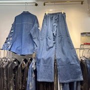 2-piece suit, large sequin shirt, pants and denim top, popular in European heavy industry, high-end, with wide-legged pants and fine beads.