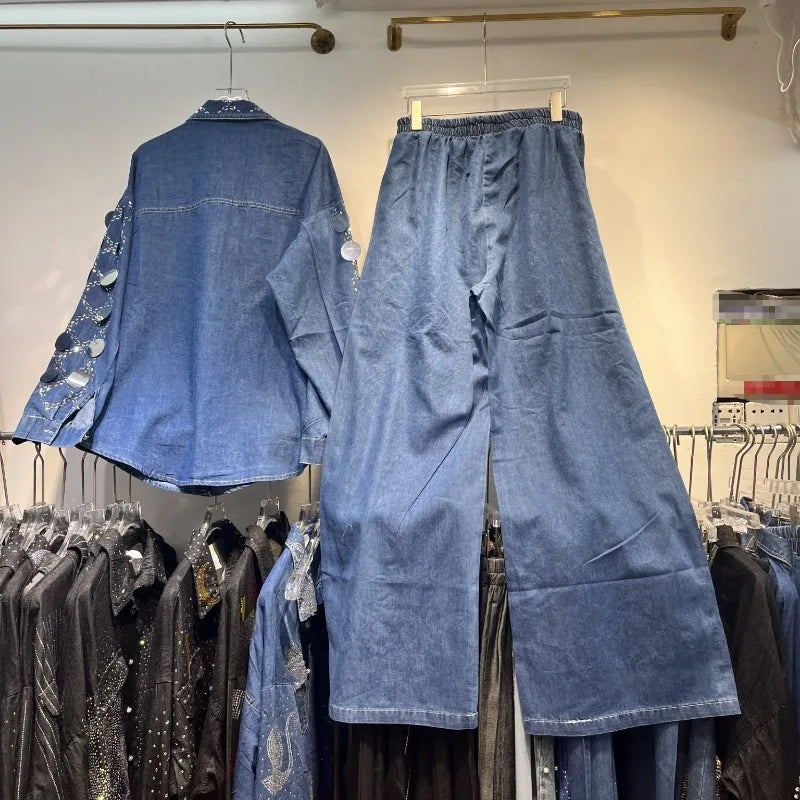 2-piece suit, large sequin shirt, pants and denim top, popular in European heavy industry, high-end, with wide-legged pants and fine beads.