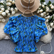 ruffle blouse  Floral Print Round Neck Elegant High Quality Elastic Waist