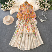 Sweet Print Lace Up French Style Femme Robe Stand Collar Lantern Sleeve Slim Fit Mujer Chiffon Ruched High Waist Dresses