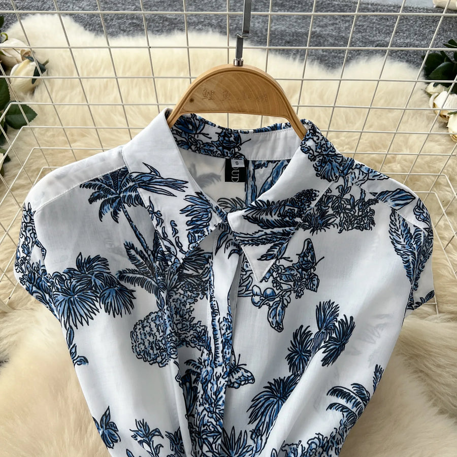 Dress Women Long Dresses High Waist Vestidos Polo Collar Short Sleeve Elegant Splice Y2k Streetwear Work Party Night Print