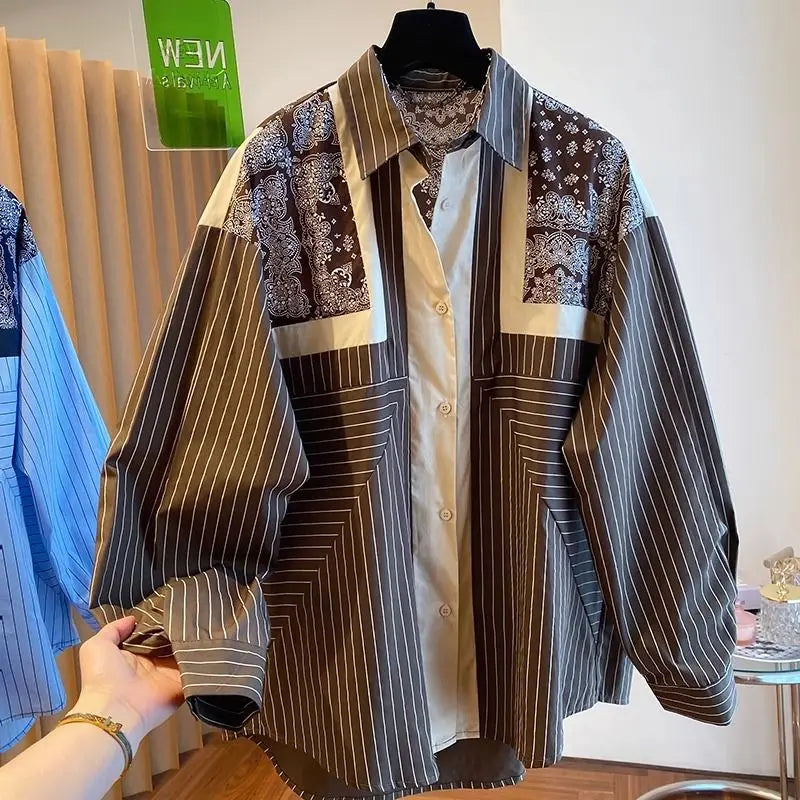 High quality striped print collar vintage long sleeve shirt