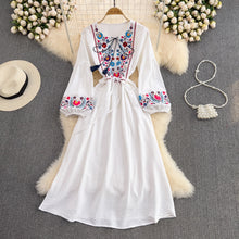 High Quality Tassel Embroidery High Waist Long Sleeve Lace Up A-line Maxi Dress