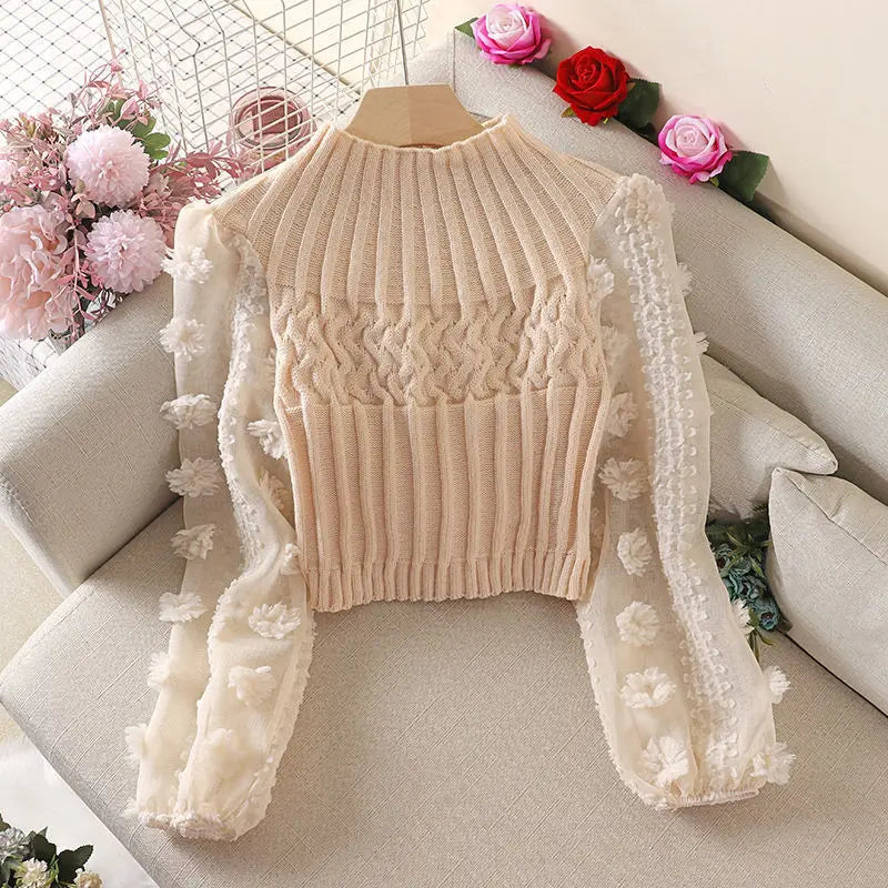 High quality sweet floral puff sleeves half high neck sweater