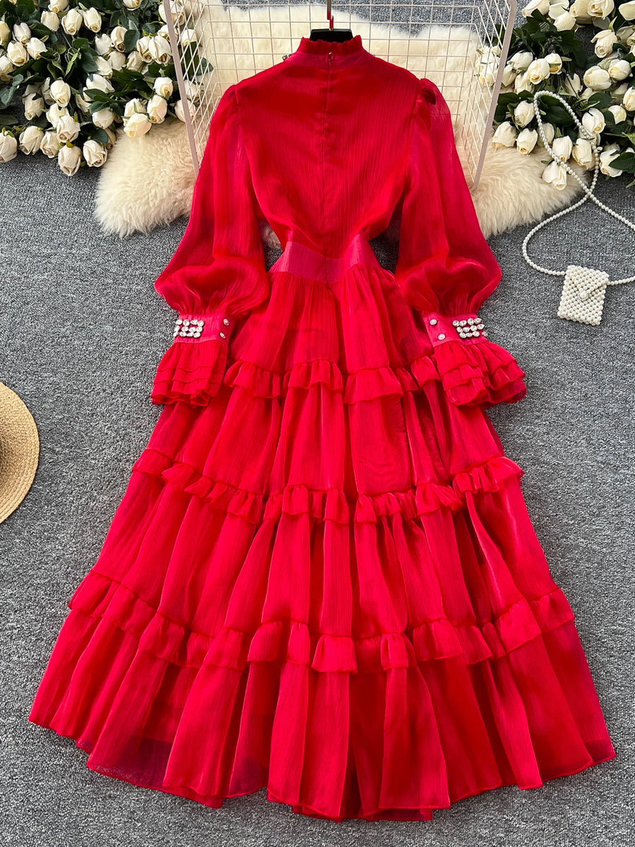 Elegant luxury French style dress, with smooth diamonds, flared sleeves and narrow waist, mid-length high quality