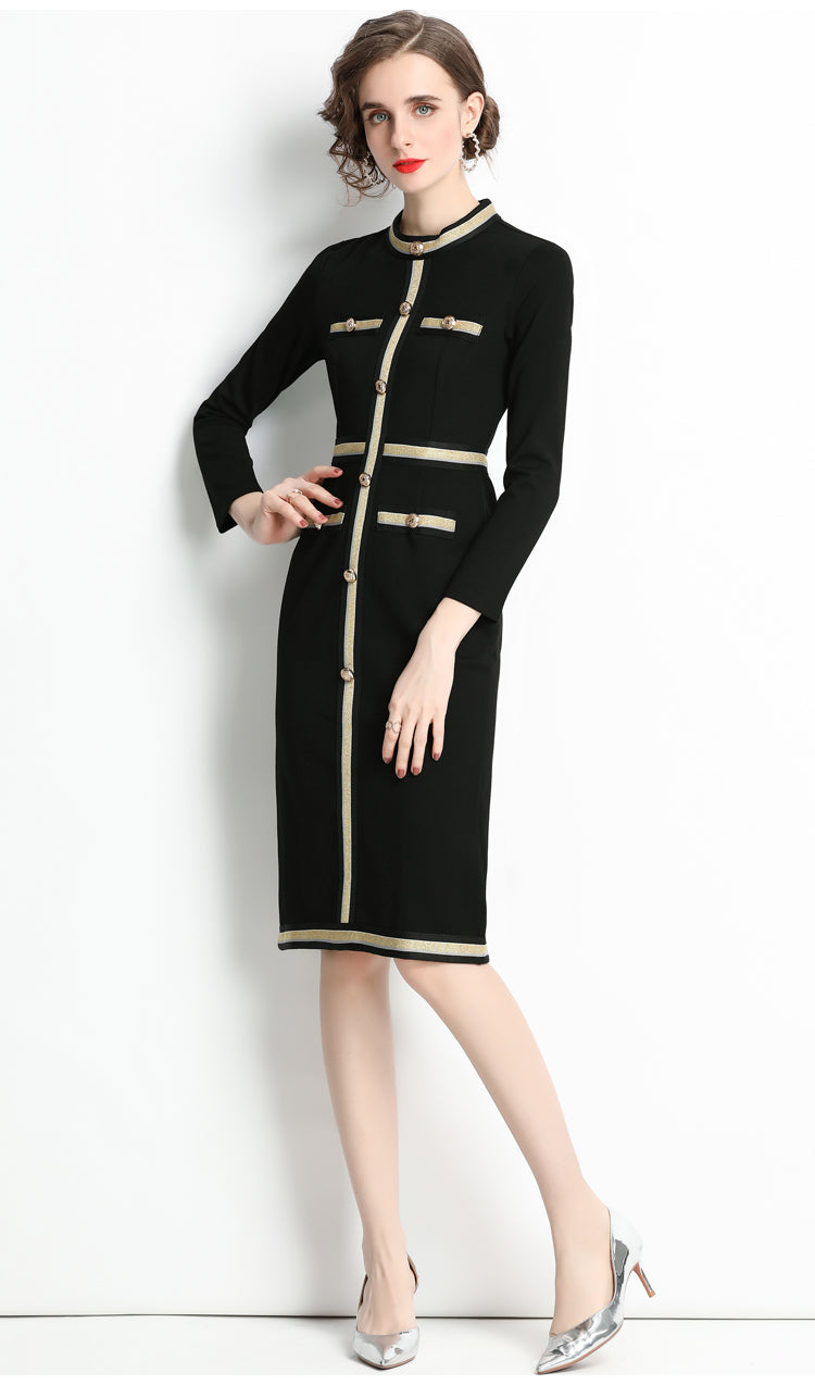 High Quality Knee Length Long Sleeve Black Vintage Elegant Dress