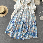 High Quality Satin Belted Floral Print Lantern Sleeve Dress