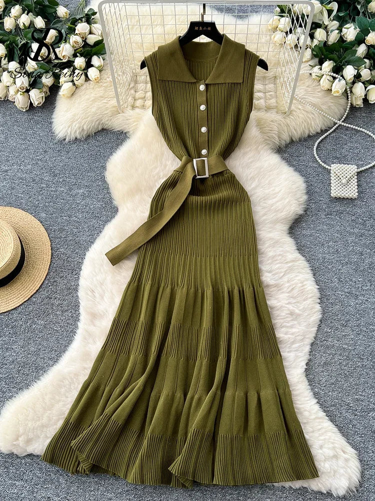 SINGREINY 1950s Ribbed Knit Dress Sleeveless Lapel Belt French Ins Chic Spring Summer Celebrity Style Feminine A-line Long Dress