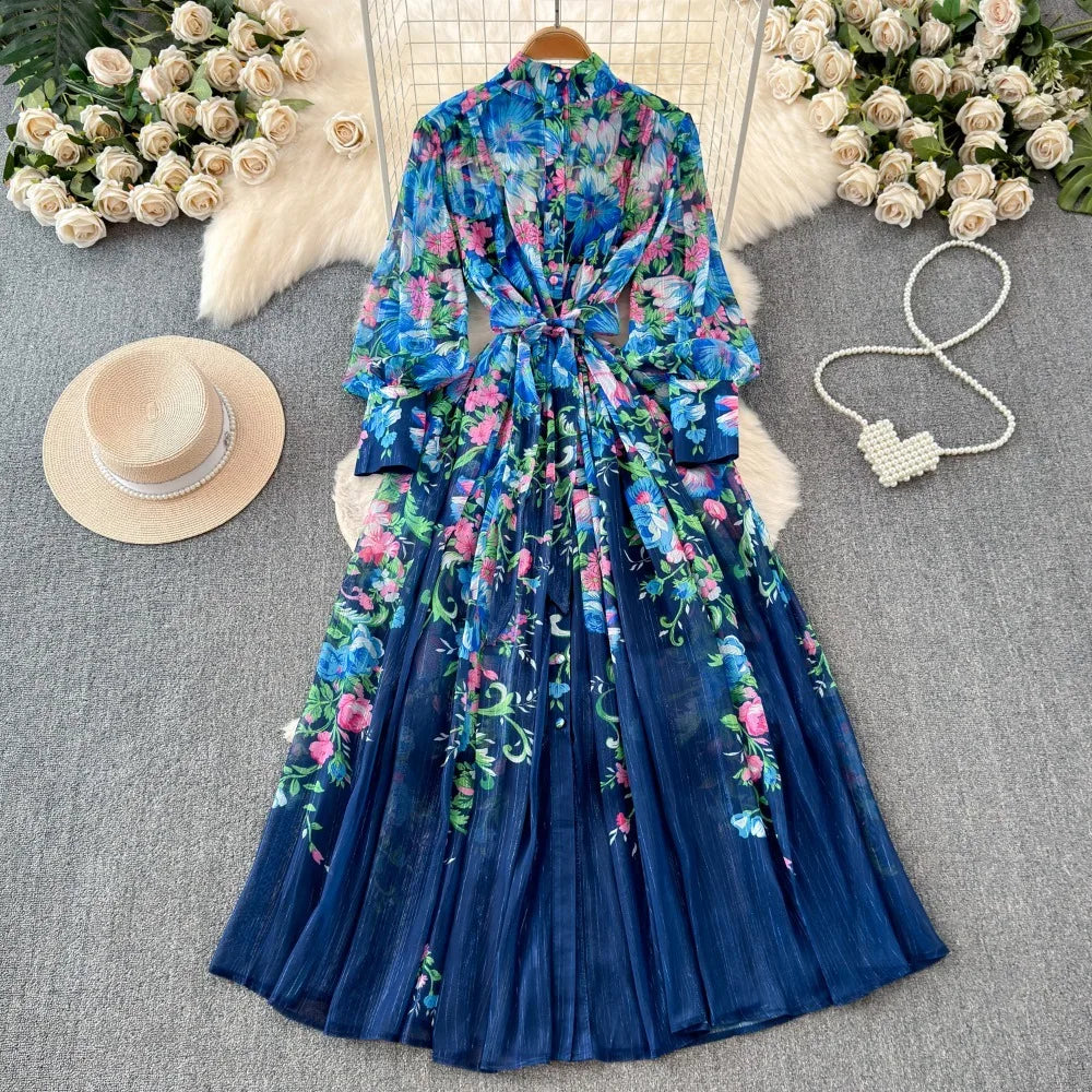Sweet Print Lace Up French Style Femme Robe Stand Collar Lantern Sleeve Slim Fit Mujer Chiffon Ruched High Waist Dresses