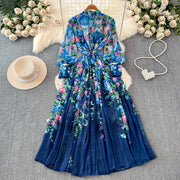 Sweet Print Lace Up French Style Femme Robe Stand Collar Lantern Sleeve Slim Fit Mujer Chiffon Ruched High Waist Dresses