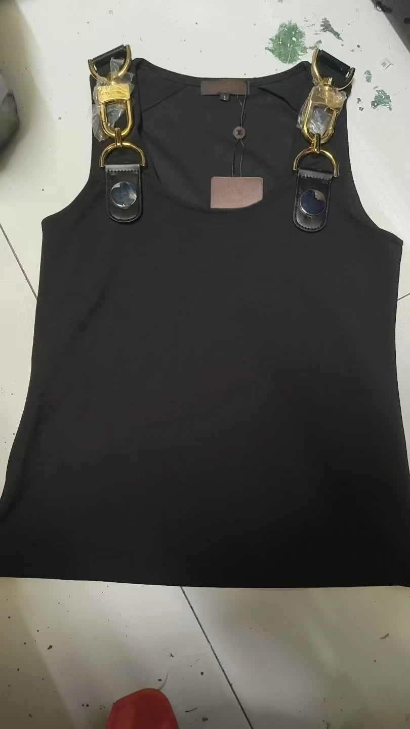 Square neck, sleeveless, patchwork top with high quality metal buckle