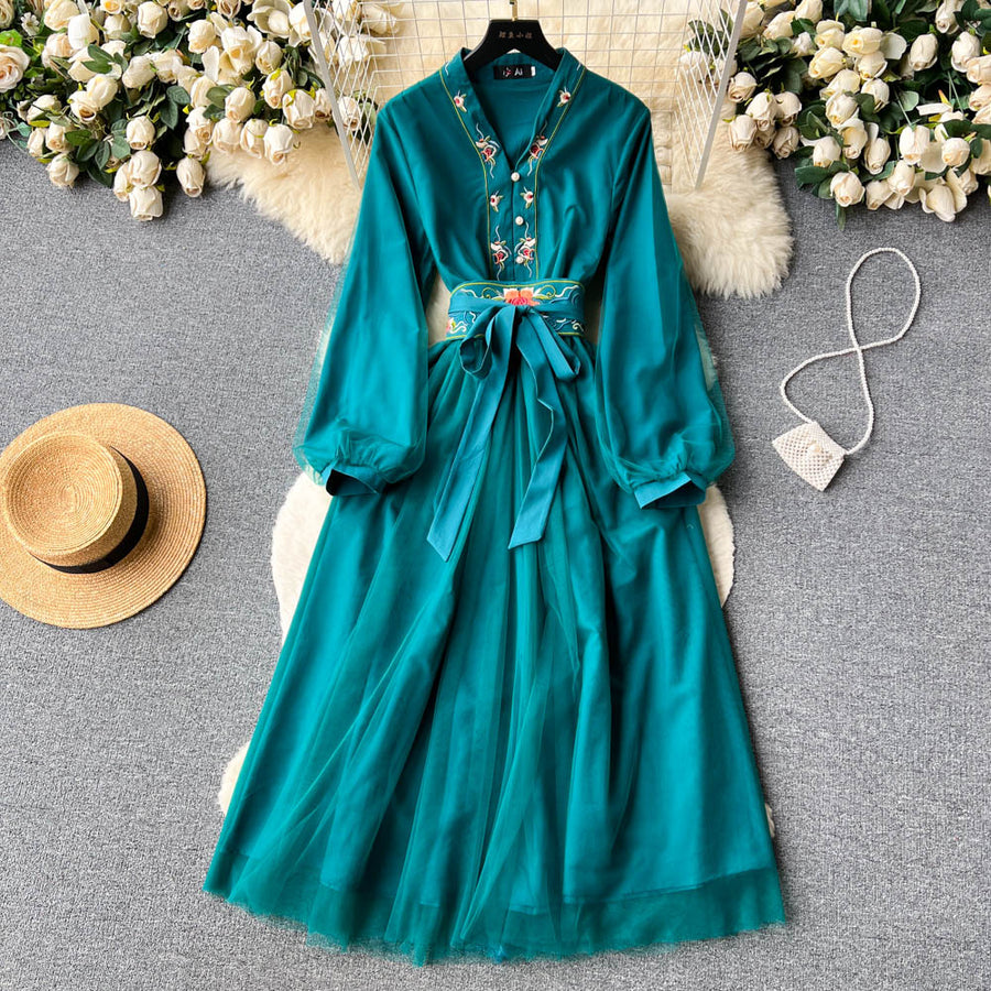 High Quality Pearl Button V Neck Long Sleeve Lace Up Patchwork Mesh Dresses