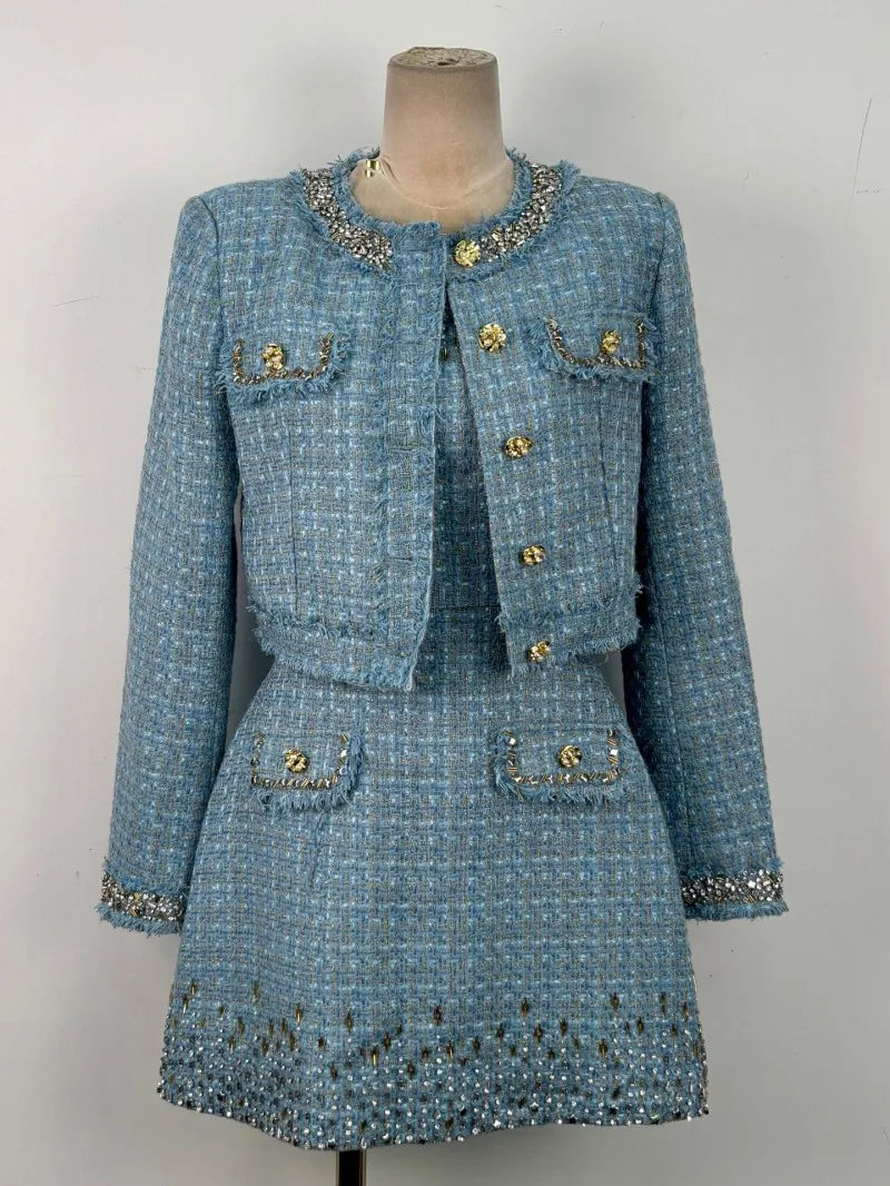 Spring Elegant Womens O Neck Beading Short Tweed Jacket Outfits Above Knee Length Sundress Two-Piece Set Slim Jackets Dress Sets