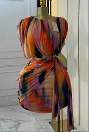 Women's Tie-Dye Print Set Ruched Short Sleeve T-Shirt and Stacked Mini Skirt 2 Piece Outfit