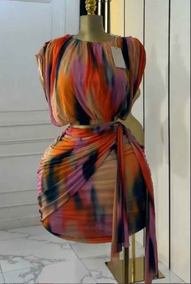 Women's Tie-Dye Print Set Ruched Short Sleeve T-Shirt and Stacked Mini Skirt 2 Piece Outfit
