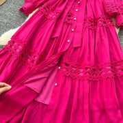 Elegant retro style slit maxi dress with pearl buttons and high-quality crochet embroidery