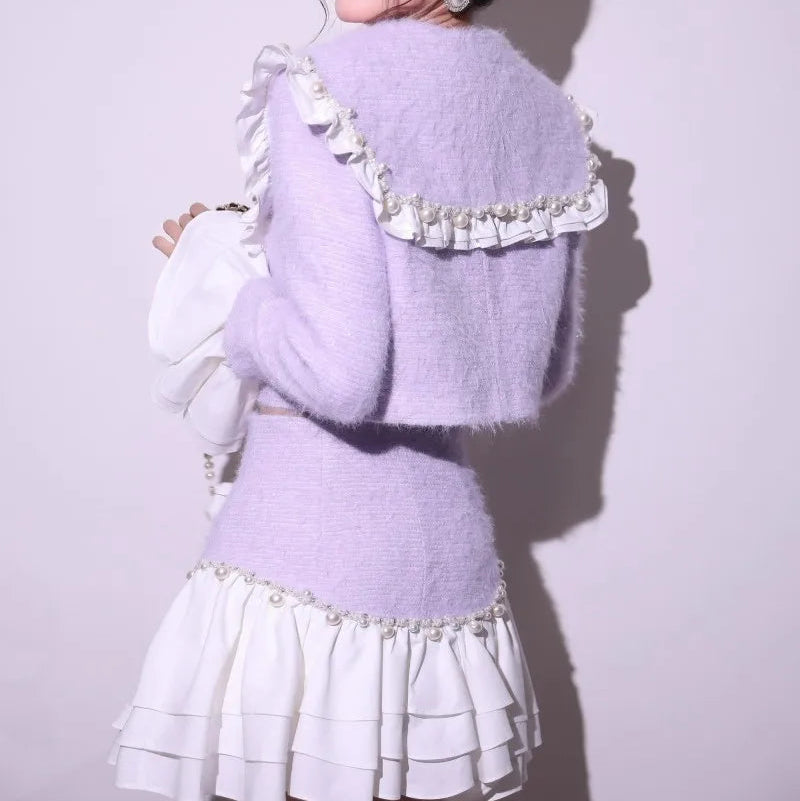 Fashion Sweet Office Lady Pearl Jacket Sets Double Breasted Ruffles Spliced Coat Outfits Light Purple Mini Skirt Two-Piece Set