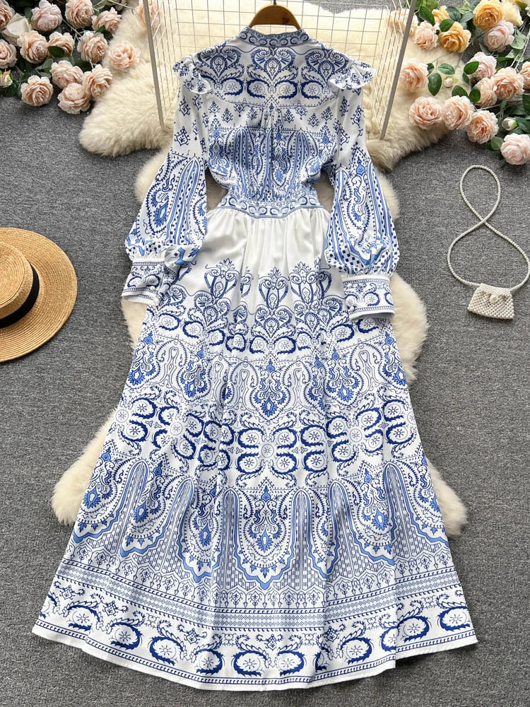 Palace Style Long Dress Women V-neck Single Breasted Bubble Sleeve Party Dresses Ladies Vintage Printed Spring Autumn Long Robe