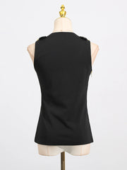 Square neck, sleeveless, patchwork top with high quality metal buckle