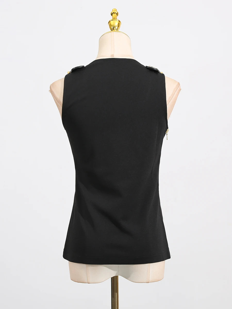 Square neck, sleeveless, patchwork top with high quality metal buckle
