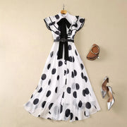 High Quality Butterfly Sleeves Elegant Polka Dot Print Chiffon Long Dresses