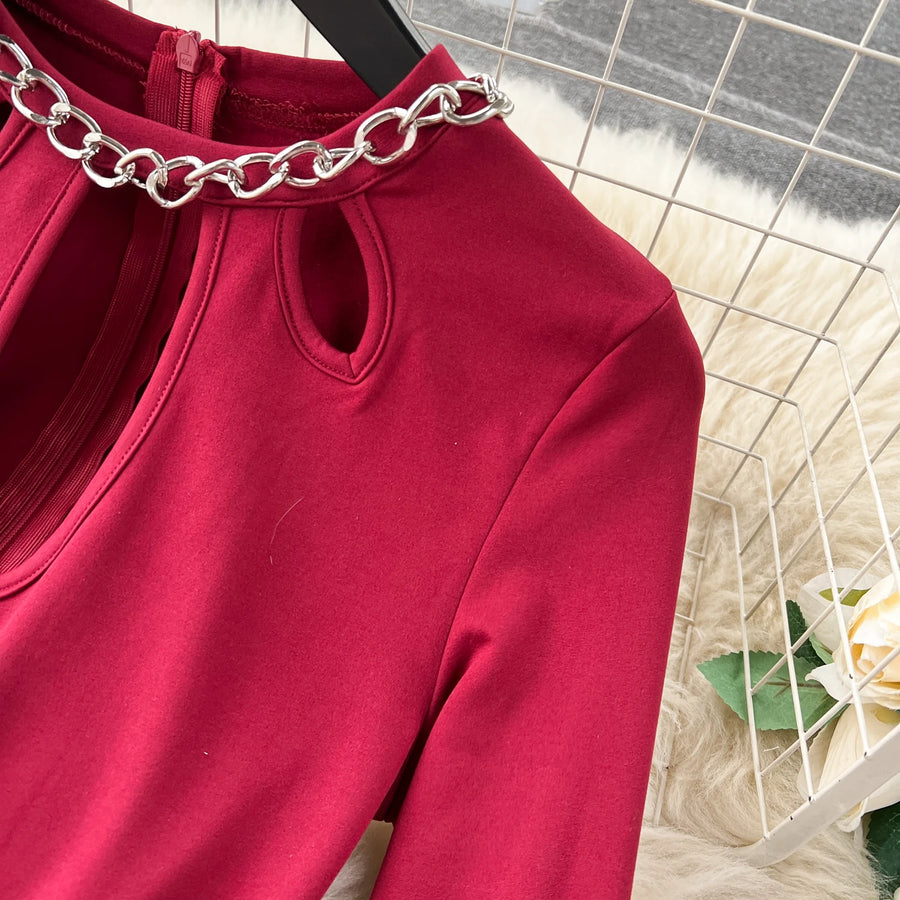 Solid Jumpsuit Chain Round Neck Long Sleeve Cropped Wide Leg Long Pants