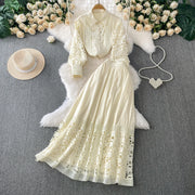 Skirt Sets Women Clothing Temperament Two Piece Set Patchwork Lace Blouses High Waist Hollow Out Long Skirts Suit Summer Outfits