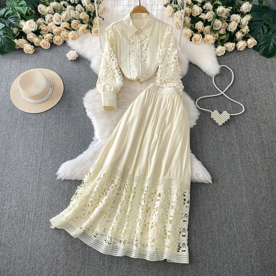 Skirt Sets Women Clothing Temperament Two Piece Set Patchwork Lace Blouses High Waist Hollow Out Long Skirts Suit Summer Outfits
