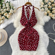 Elegant Sexy Lace Trim Knot V-Neck Halter Woman Dress Summer Ruffle Mesh Polka Dot Mini Woman Party Club Daily Streeywear Dress