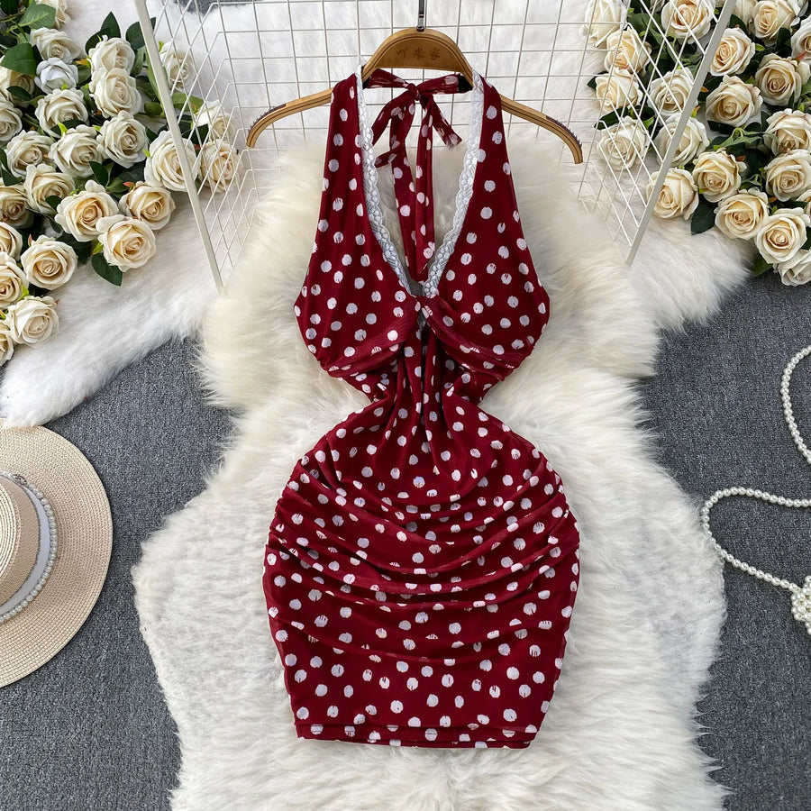 Elegant Sexy Lace Trim Knot V-Neck Halter Woman Dress Summer Ruffle Mesh Polka Dot Mini Woman Party Club Daily Streeywear Dress