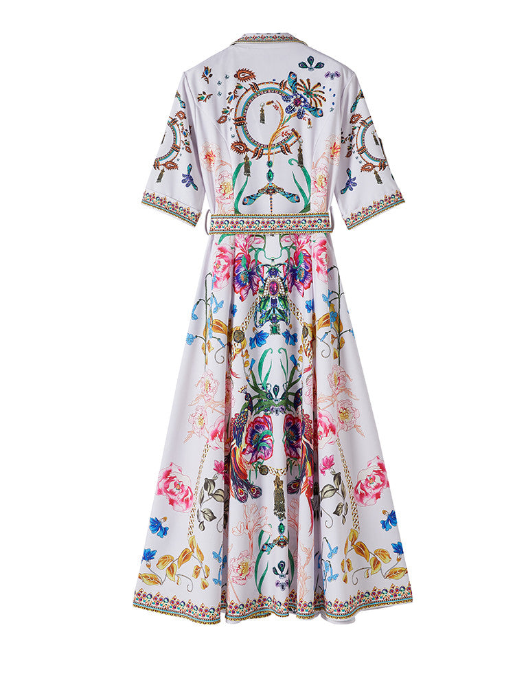 Long short-sleeved dress with flower print and high-quality belt