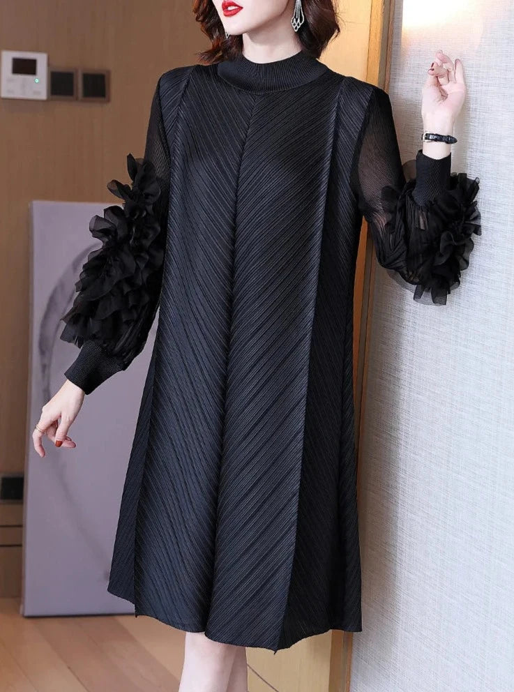 Women's Ruffle Mesh Pleated Midi Dress Long Sleeve Half High Neck Vintage Style Elegant High Quality