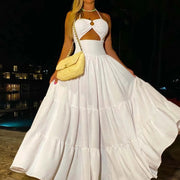 High Quality Sleeveless Halter Neck Plain Flared Long Dress