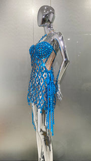 High Quality Blue Sequin Sparkly Diamonds Long Tassels Sleeveless 2 Piece Mini Dress