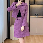New Luxury High End Tweed Women's Two Pieces Set Elegant Lapel Double Breasted Slim Short Coat + Mini Skirt Fashion Suit