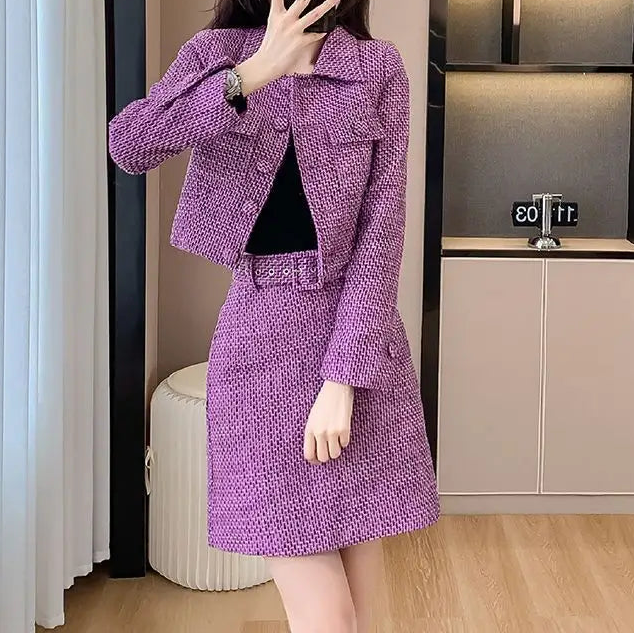 New Luxury High End Tweed Women's Two Pieces Set Elegant Lapel Double Breasted Slim Short Coat + Mini Skirt Fashion Suit