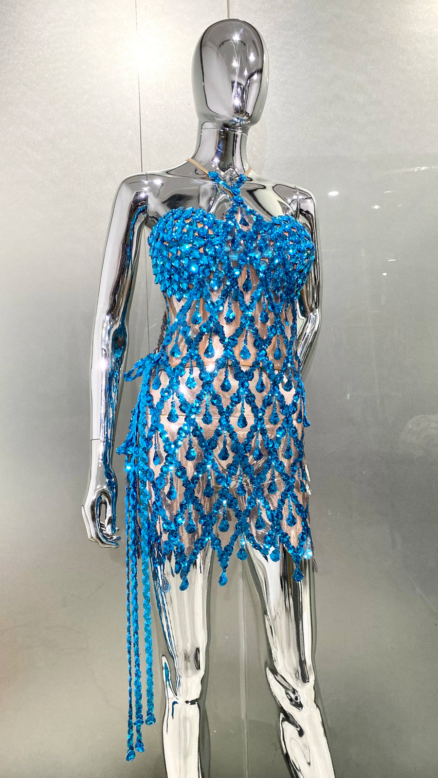 High Quality Blue Sequin Sparkly Diamonds Long Tassels Sleeveless 2 Piece Mini Dress