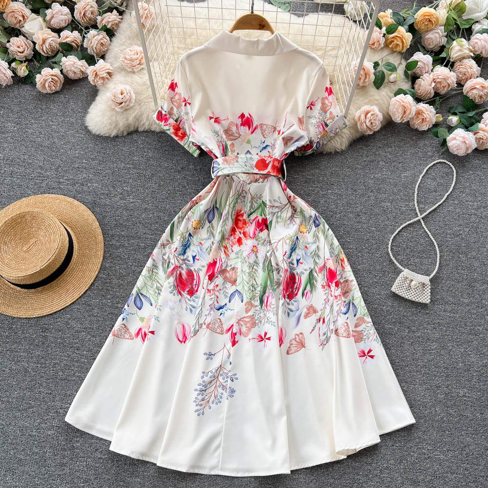 High Quality Belted Floral Print Short Sleeve Notched Neck Short Sleeve Vintage Flower Shirt Dress