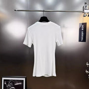 Casual plain pleated patchwork round neck short sleeve t-shirts with spliced metal buckle