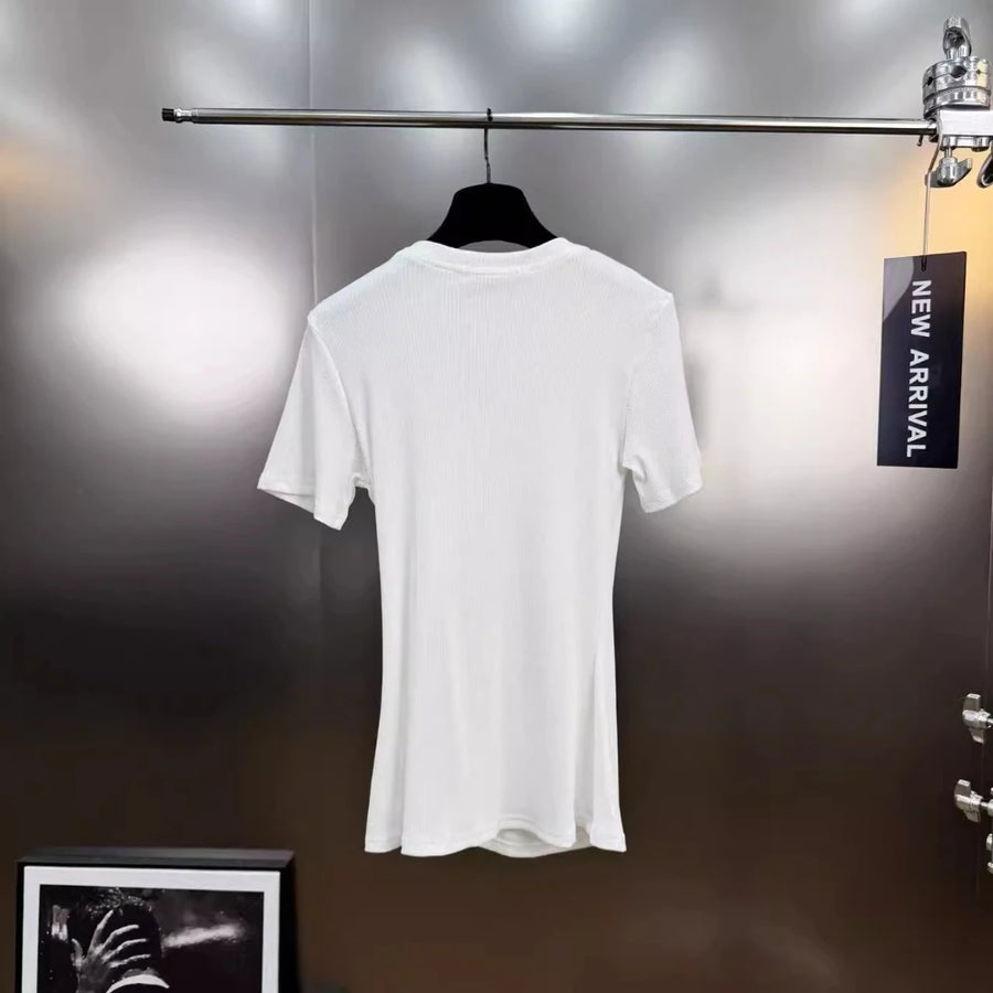 Casual plain pleated patchwork round neck short sleeve t-shirts with spliced metal buckle