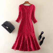 3/4 Sleeve V Neck Flower Embroidery Dress with High Quality Sequins