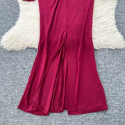 Elegant Pleated Vintage V-neck Chic Long Sleeve Slim Split Dress Korean Fashion Evening Party High Street Autumn Winter Clothing