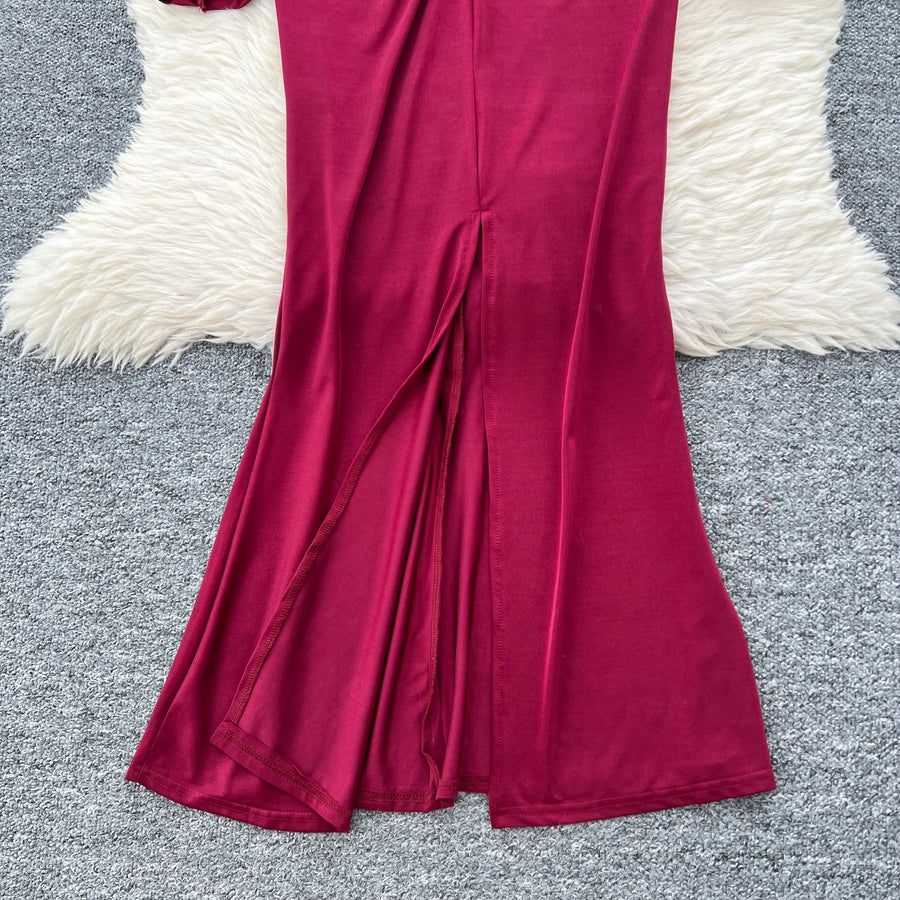 Elegant Pleated Vintage V-neck Chic Long Sleeve Slim Split Dress Korean Fashion Evening Party High Street Autumn Winter Clothing