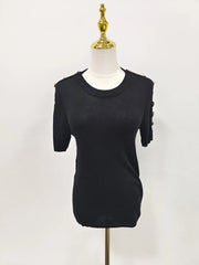 Women's Basic Solid Color Knitted Sweater, Round Neck, Short Sleeve, Patches, Metal Buckles, Temperament