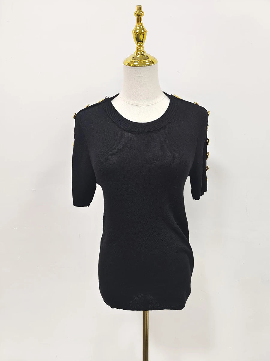 Women's Basic Solid Color Knitted Sweater, Round Neck, Short Sleeve, Patches, Metal Buckles, Temperament
