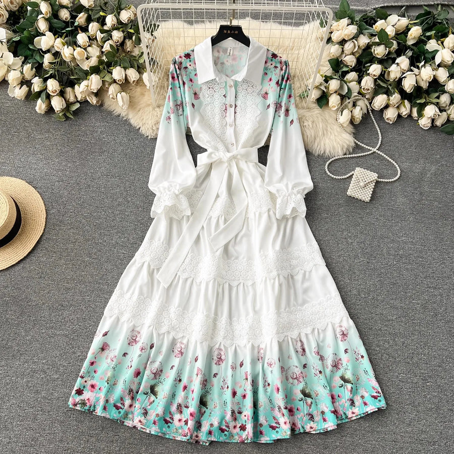 High Quality Crochet Lace Belted Flower Print Long Sleeve Bohemian Dress Lavender / M High Quality Crochet Lace Belted Flower Print Long Sleeve Bohemian Dress Lavender / M