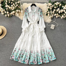 High Quality Crochet Lace Belted Flower Print Long Sleeve Bohemian Dress