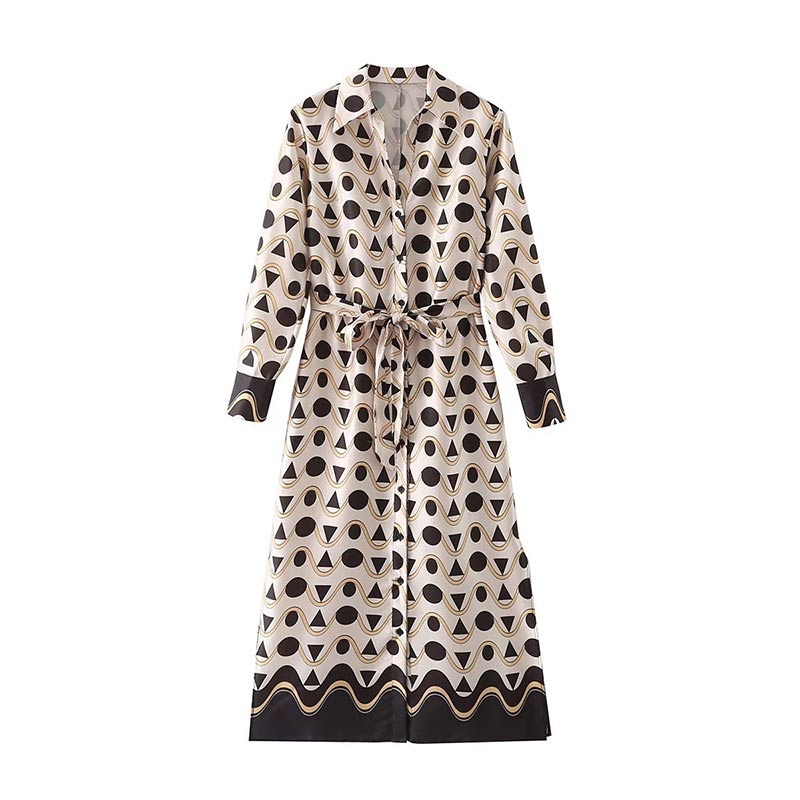 High Quality Bow Tie Long Sleeve Geometric Print Vintage Midi Dress